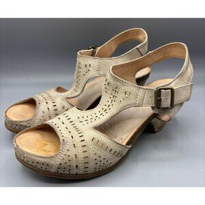 Pikolinos Womens 40 Sandals Leather Peep Toe Beige Ankle Strap